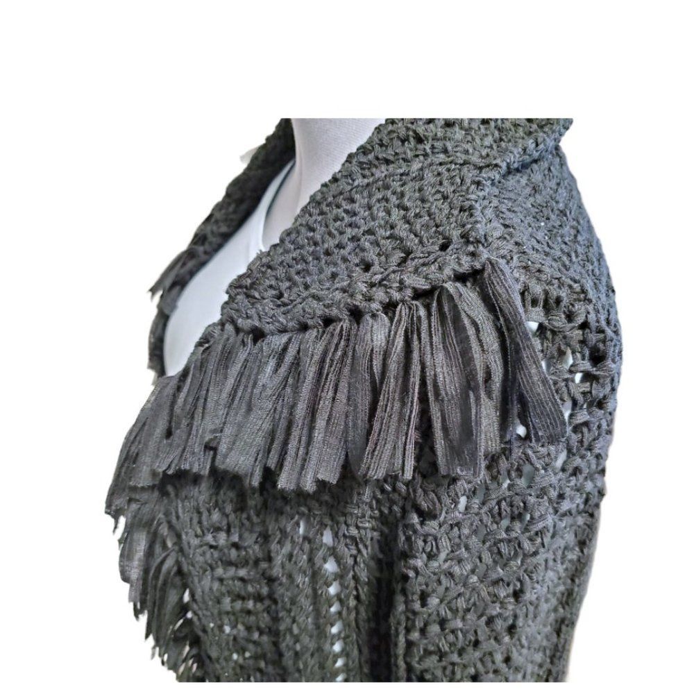Bold Artsy Goth Jacket Black Knot Macrame w/ fringe collar and front opening